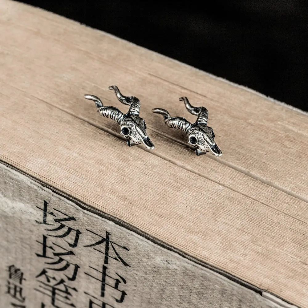 MKENDN 925 Sterling Silver Creative Retro Sheep Head Stud Earring Trendy Street Gothic Punk Style For Men Women Fine Jewelry