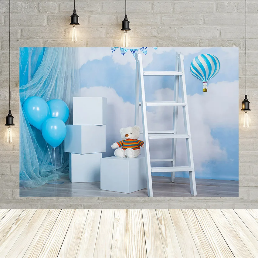 Avezano Baby Backdrop Blue Sky Clouds Balloons White Box Ladder Bear Newborn Birthday Photography Background For Photo Studio