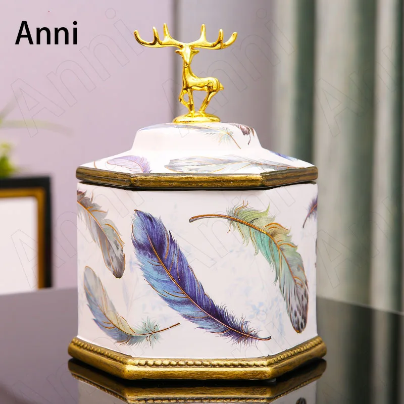 

European Painted Feather Ceramic Storage Jars Gilded Deer Decorative Candy Snack Jar Office Bookcase Flowers Vase Home Ornaments