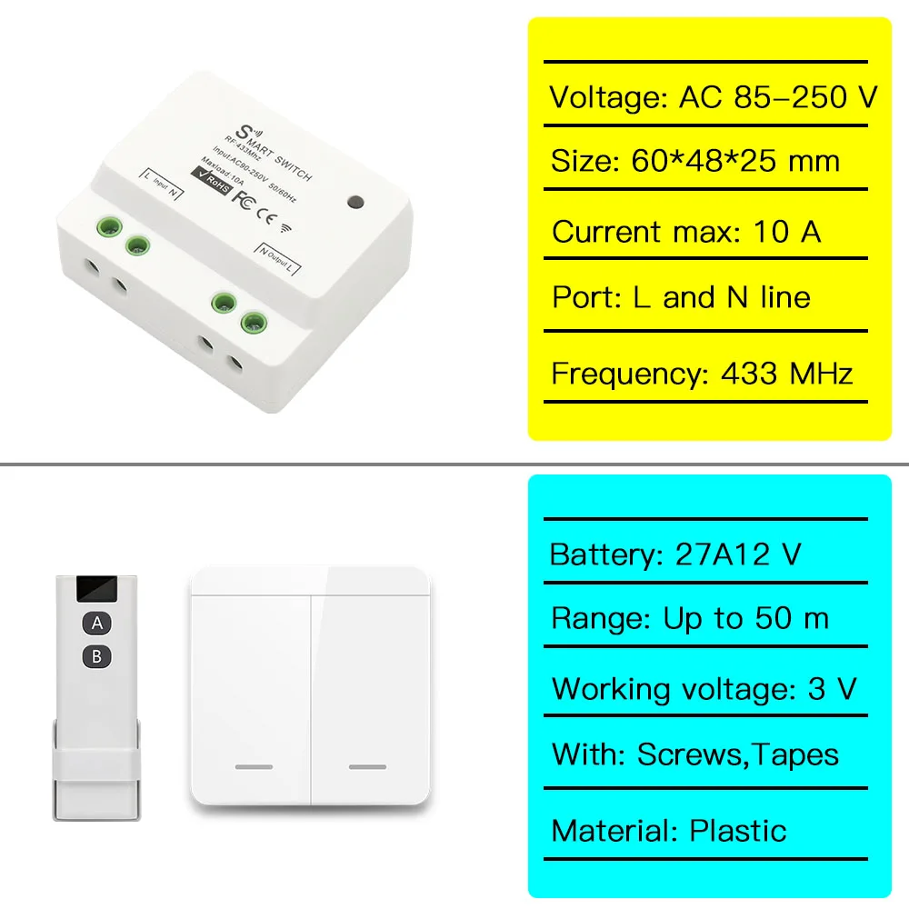 Rf Light Switch 433mhz Wireless Remote Control Switch ac 110v 220v 10a Receiver Relay Module Wall Switch for Smart Home Lamp Fan