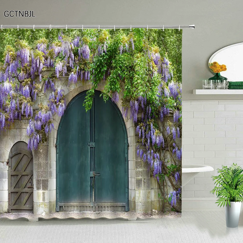 Street Building Scenery Shower Curtain Flower Plant Retro Old Door Summer Rural Landscape Bathroom Curtain Background Wall Decor