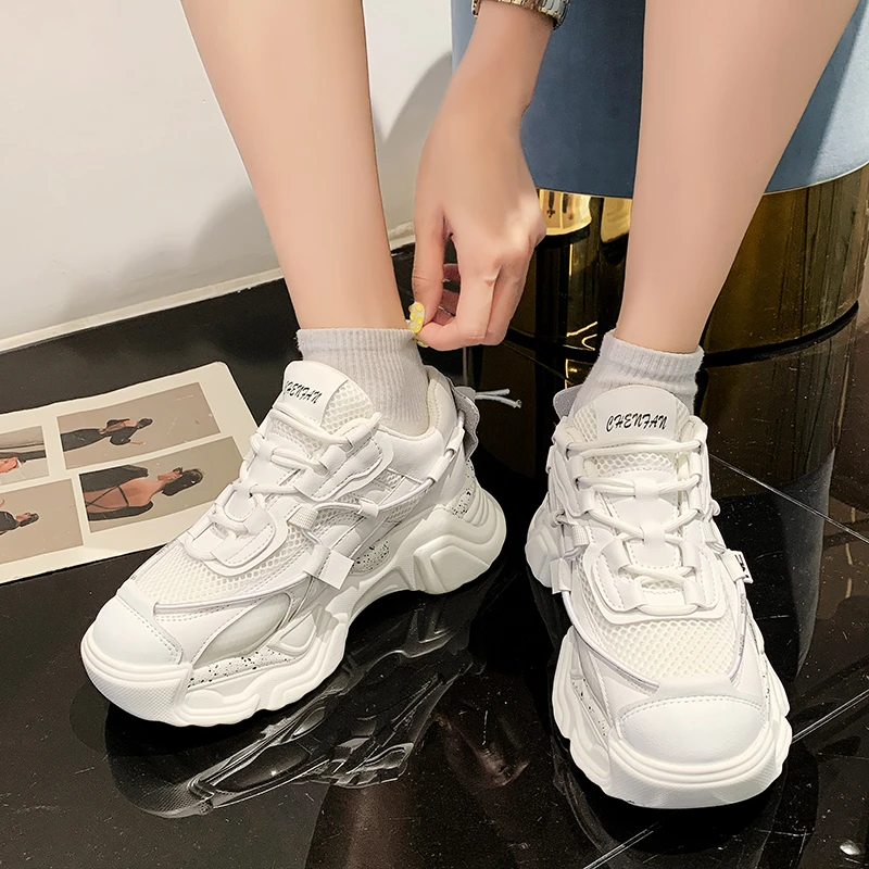 Solid Sneakers Shoes For Women 2021 Spring Autumn Thick Platform Lace-up Air Mesh Comfortable Tennis Basketball Female Footwear