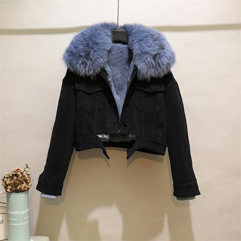 Fashion Denim Overalls Parkas Women Winter Real Fox Fur Collar Rabbit Fur Liner Warm Loose Short Washed Distressed Jacket Female