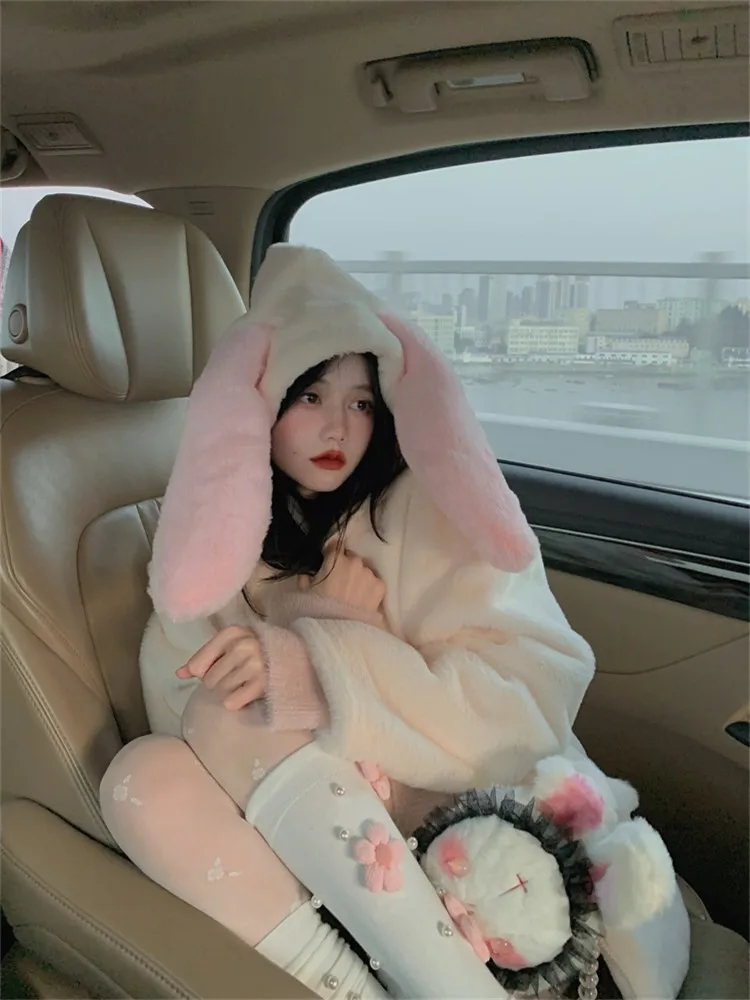 

Sweet Girl Rabbit Ears Hooded Plush Faux Fur Coat Plush Thick Winter Spring Warm Kawaii Lolita Pink Cute Lovely Soft Casual Wear