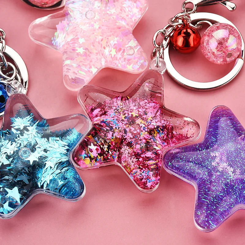 Five-Pointed Star Sequin Acrylic Key Chain Move Glitter Quicksand Liquid Keyring Bag Pendant For Women Men Keychain