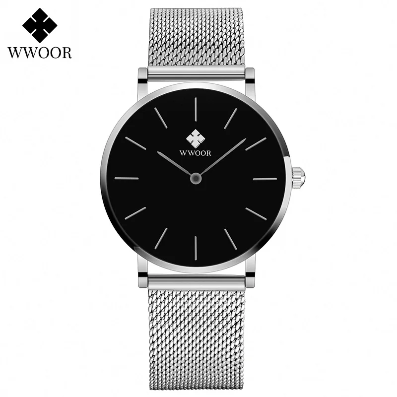 WWOOR New Womens Fashion Simple Watch Ladies Slim Silver Black Dress Watch Steel Mesh Sports Waterproof Wristwatches Reloj Mujer