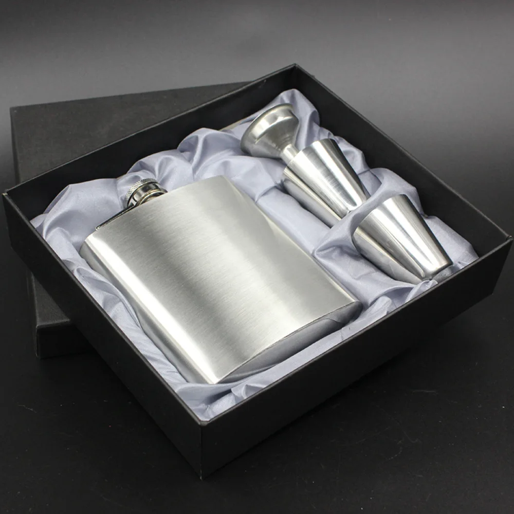 7oz Stainless Steel Hip Flask With Funnel Cups Mini Flagon Set Gift Box