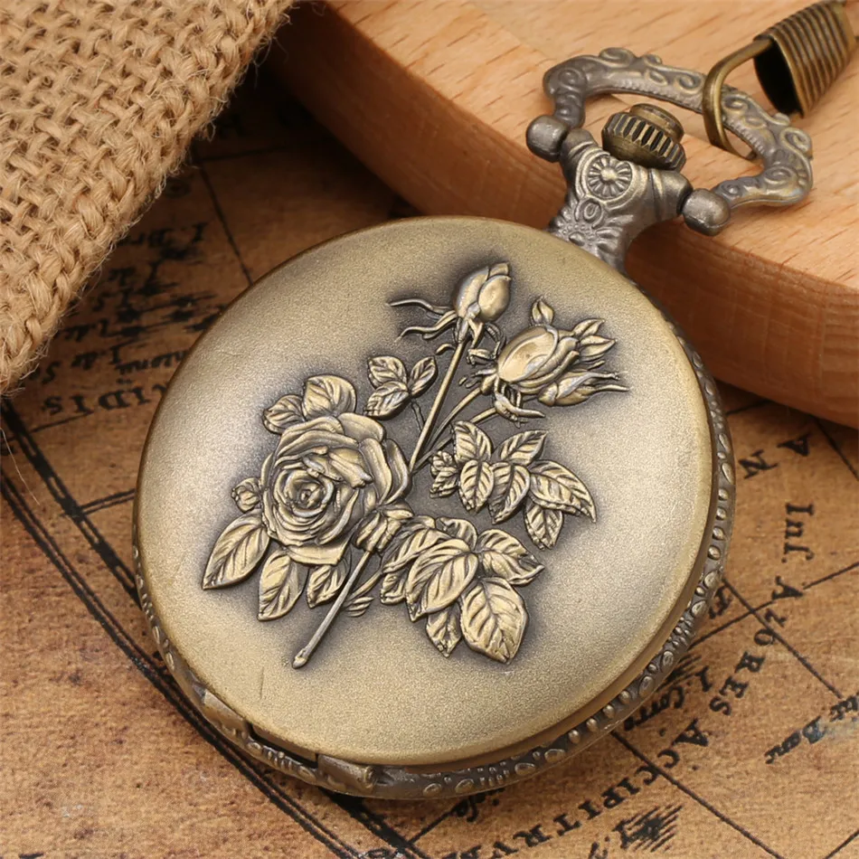 

Elegance Rose Flowers Design Full Hunter Bronze Quartz Pocket Watch Steampunk Pocket Chain Retro Pocket Pendant Clock Men Women