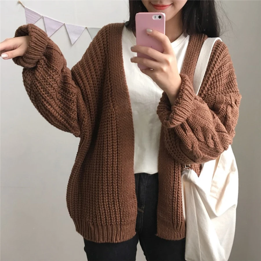 DICLOUD-Suéter de punto suelto Harajuku para mujer, cárdigan cálido, abrigo informal universitario, manga larga, invierno, moda de otoño, nuevo