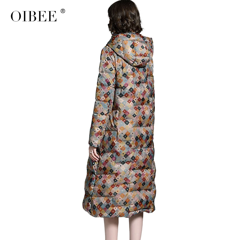 Women\'s Winter Fashion Print Thick Warm Jacket Retro Long Sleeve Pocket Ladies Long Coat Hooded Down Jacket
