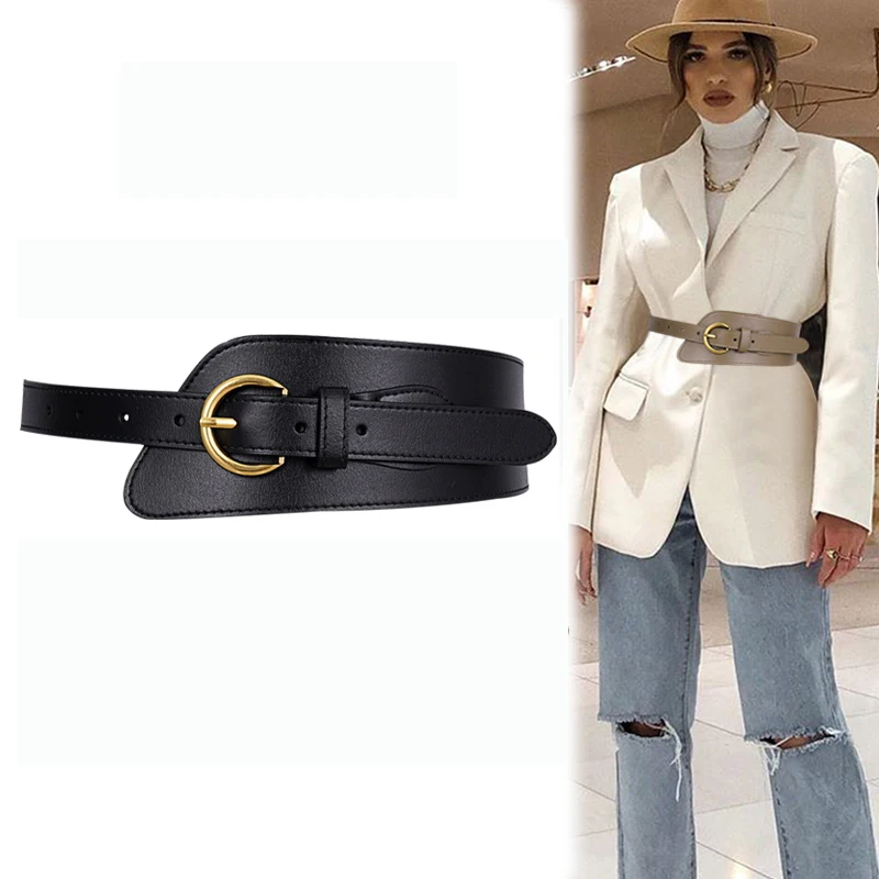 Fashion Punk Rocker Wide Belts For Women European Style HOT Classlic Metal Pin Buckle Black Soft PU Leather Irregular Waistbands