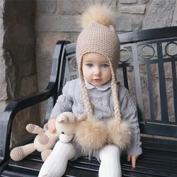 Jxwatcher Baby Knitted Winter Hats Child Real Raccoon Fur Pompom Cap Kids Warm Beanies Girls Boys Ears Fur Hat