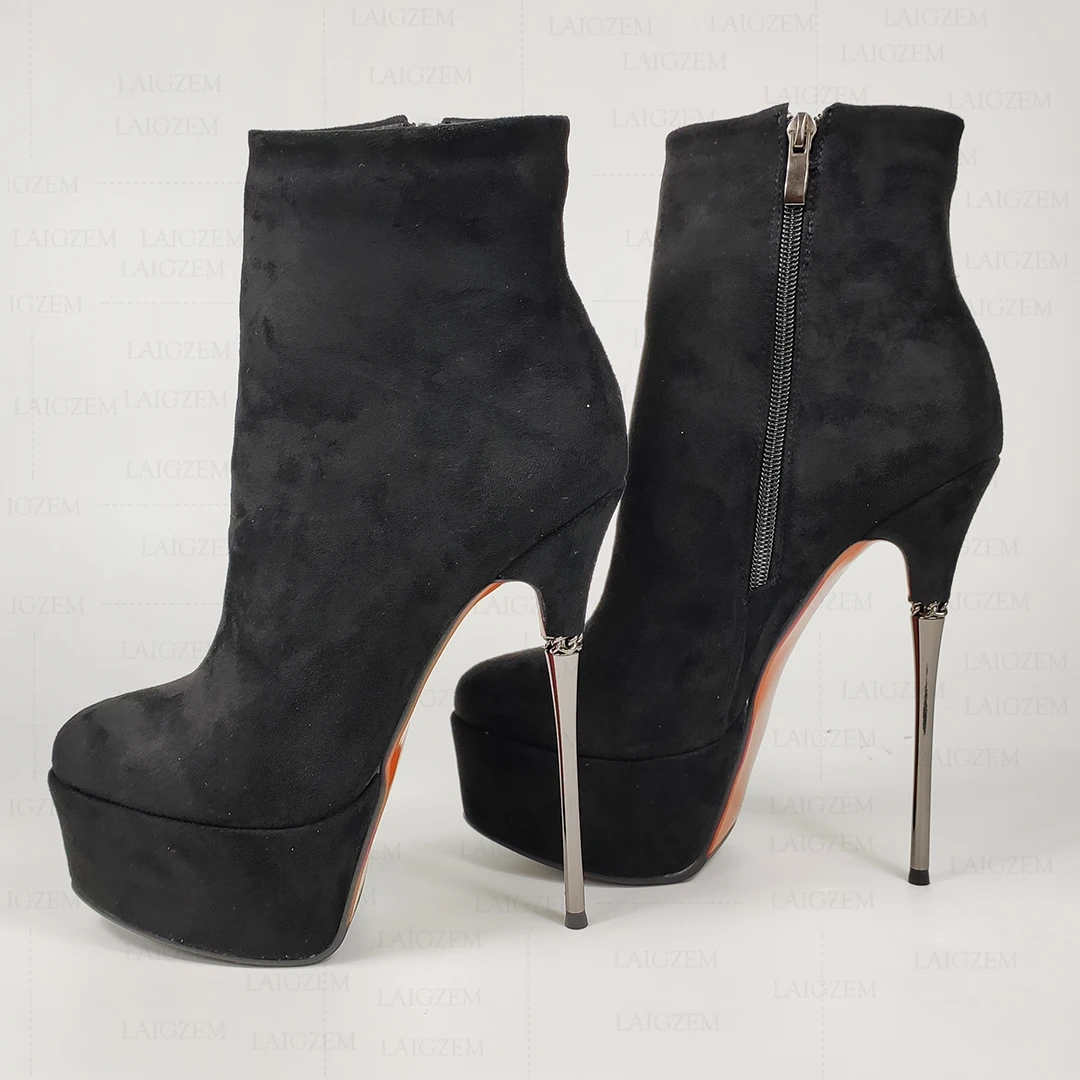 SEIIHEM stivaletti con plateau da donna in vera pelle scamosciata punta tonda tacchi alti in metallo stivaletti corti Zip laterale scarpe da donna