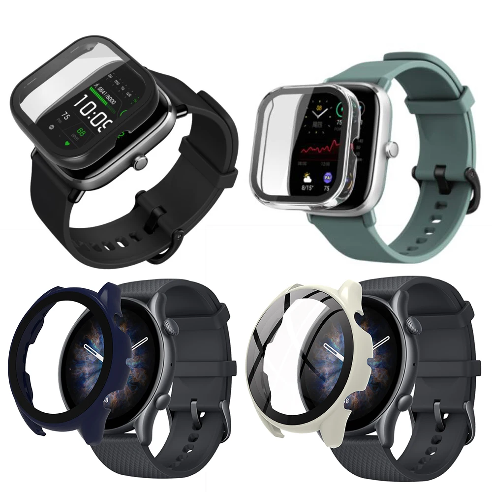 Película protectora de pantalla de vidrio de borde duro, carcasa para Amazfit GTR3, GTR2, GTR 3/2, GTS3, GTS 2e, GTS2 Mini, Bip U, Pro, GTR2e, GTS2e