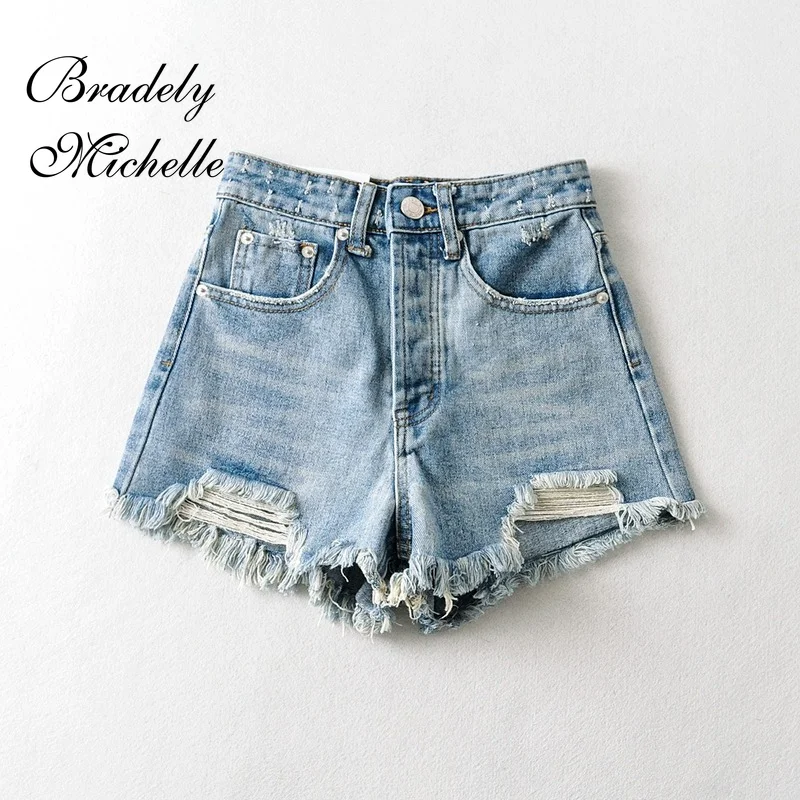 BRADELY MICHELLE – jean court en Denim pour femmes, Sexy, basique, taille haute, ouvertures de jambes, Streetwear, nouvelle collection été 2021