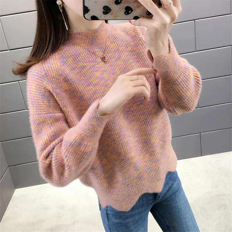 

Autumn Winter Korean Fashion Half High Collar Sweater Women Loose Pullover Jumpers Ladies Thick Faux Mink Cashmere Tops Female