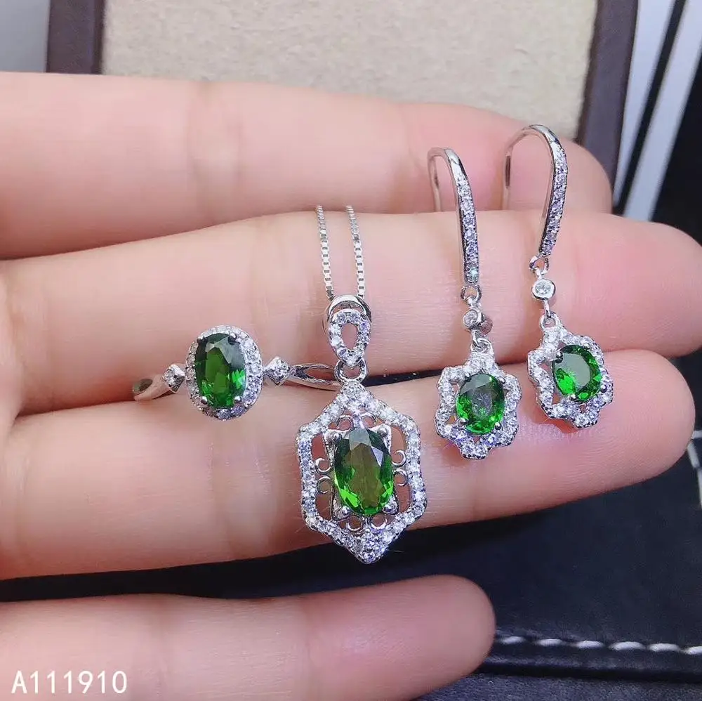 

KJJEAXCMY fine jewelry 925 sterling silver inlaid Natural Diopside Necklace Ring Earring exquisite ladies Suit Support Test