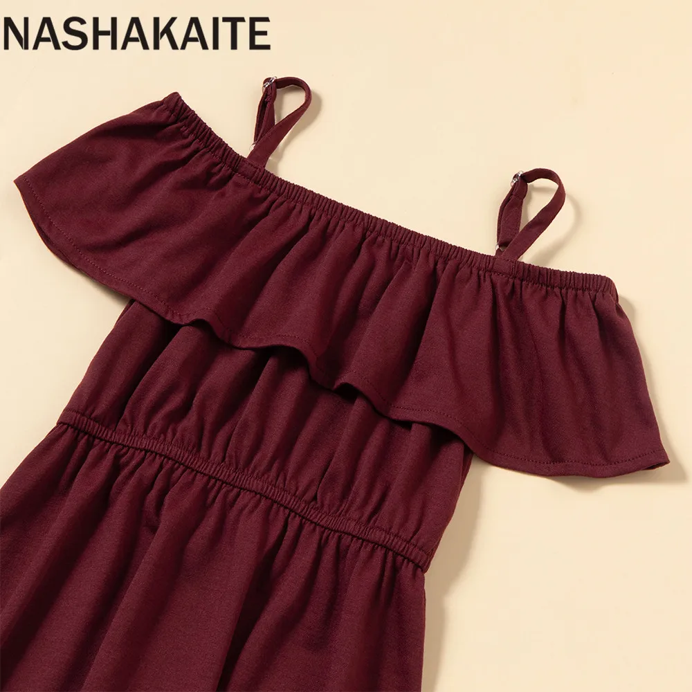 NASHAKAITE Summer Mom and daughter Dress Ruffles Sexy Off Shoulder Red Wine Dresses For Mother Daughter Mum And Daughter Clothes