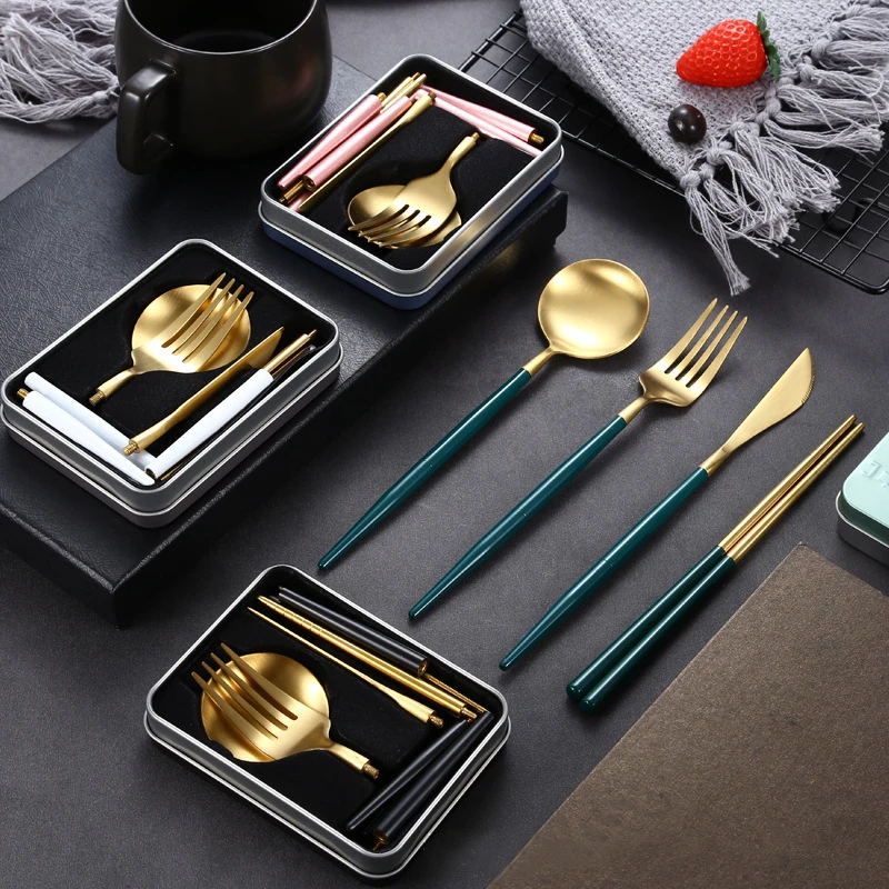 Removable 304 Stainless Steel Portable Cutlery Set Camping Tableware Chopsticks Spoon Folding Set