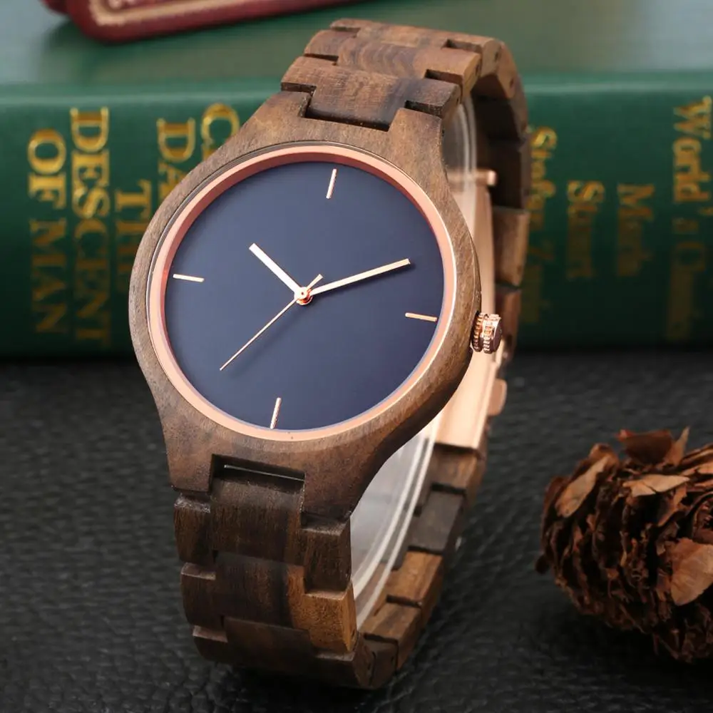 Retro Pure All Walnut Wooden Watch Simple No Word Blue Dial Clock Man Sports Full Wooden Band Quartz Wristwatches Relojes Hombre