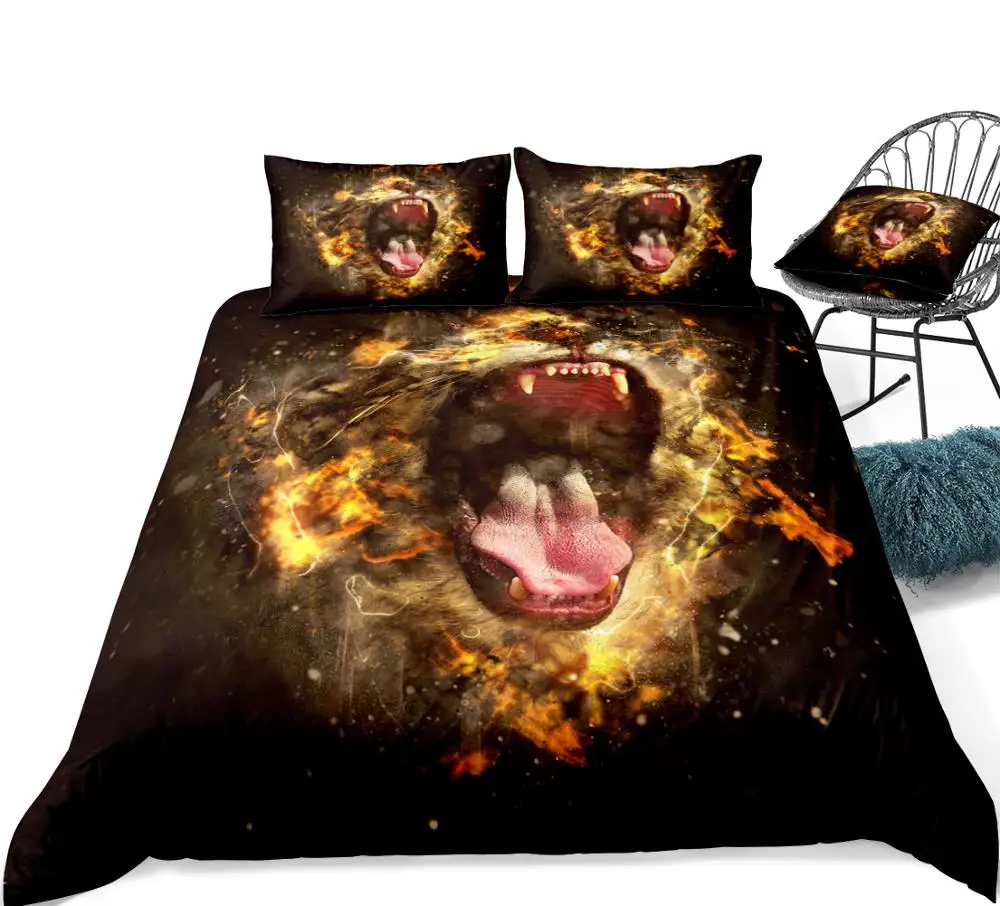 Lion Duvet Cover Set Animal Bedding Set Wild Lion Bed Linen Kids Home Textile Wild Life Bedclothe Fire Bedding Set Black Bed Set