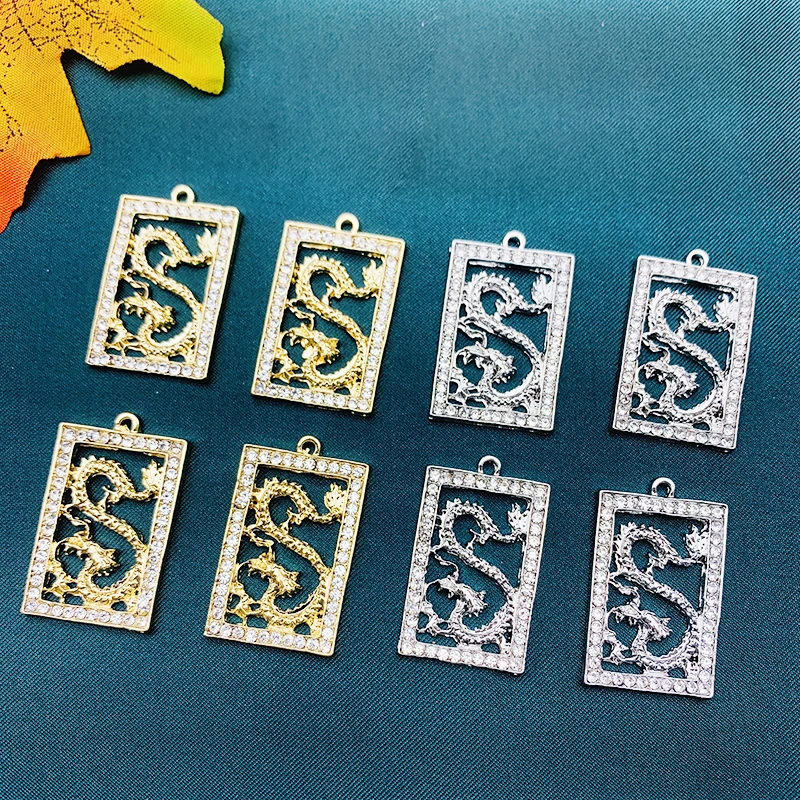 10Pcs Metal Dragon Charms Shiny Rhinestone Square Frame Animals Pendants For Jewelry Making Accessories Necklace DIY Wholesale