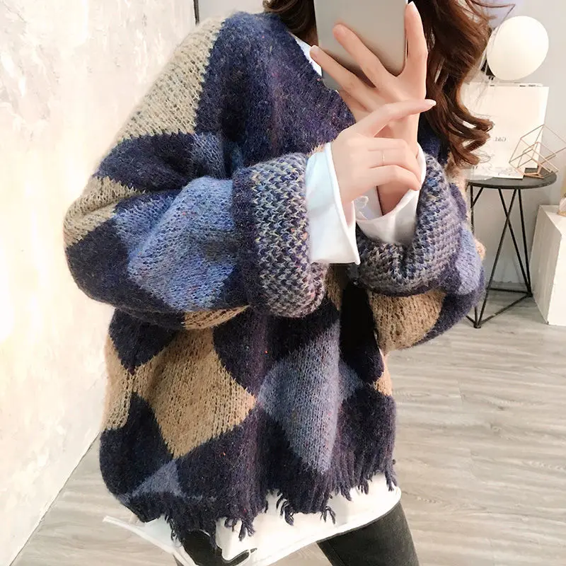 

Plaid Knitted Sweater Women Pullovers Argyle Oversized Sweater Autumn Winter Casual Knitwear Female Long Sleeve Ladies Tops