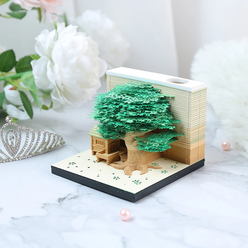 DIY Note Paper Green Tree House Block 3D Craft Non-Sticky Memo Pads Convenience Stickers Creative Articraft as Gift for Friend