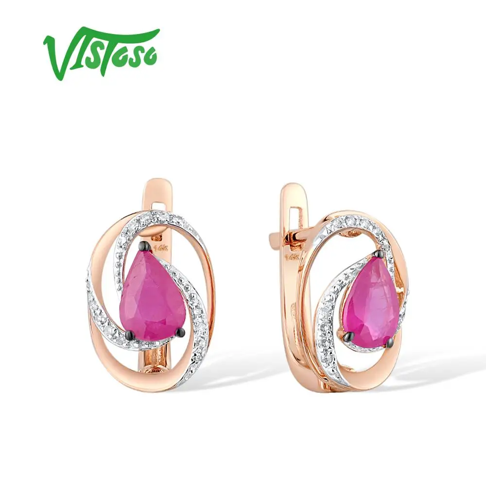 VISTOSO 14K 585 Rose Gold Earrings For Women Shimmering Natural Ruby Diamond Glamorous Oval серьги Trendy Party Fine Jewelry