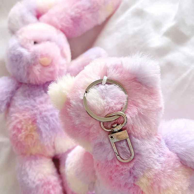 Rainbow Bunny Plush Toy Keychain For Decoration Bag Colorful Cat Soft Animal Stuffed Toys Key Chain