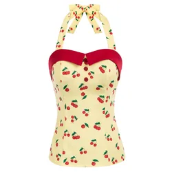 Belle Poque Summer Camis Sexy Slim Female Cherries Print Tops Smocked Back Halterneck Vintage Tops Buttons Decor Clothes Ladies