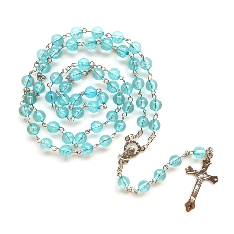 8mm Round Acrylic Beads Rosary Necklace Virgin Mary Jesus Cross Pendant Catholic