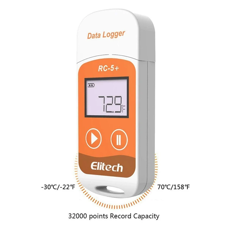 Elitech RC-5+ PDF USB Temperature Data Logger Reusable Recorder 32000 Points for Refrigeration, Cold Chain Transport