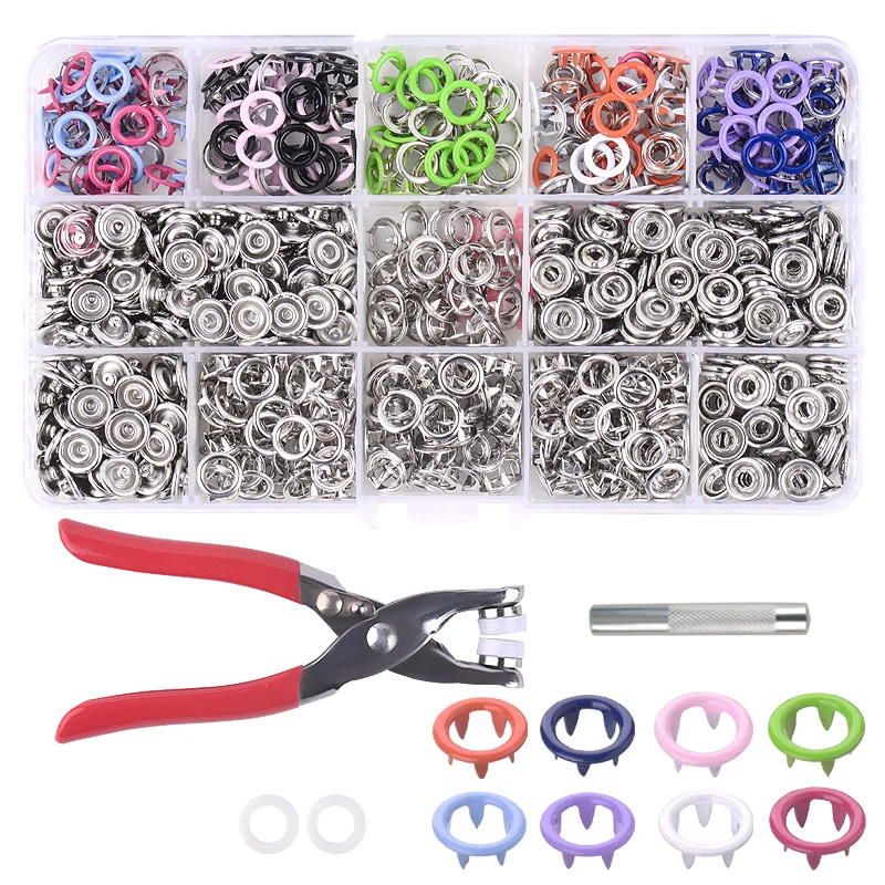 

9.5mm 200pcs Metal Buttons for Prong Ring Press Studs Snap Fasteners + to Nipple Plier Sewing Tools DIY Garment Decoratio