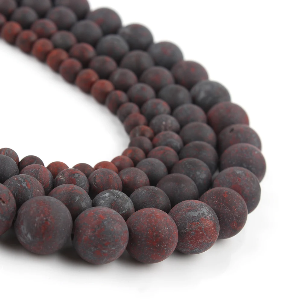 Natural Matte Dark Red Flower Jaspers Round Loose Stone Beads for Jewelry Making DIY Bracelets Accessories 15‘’ Mineral Beads