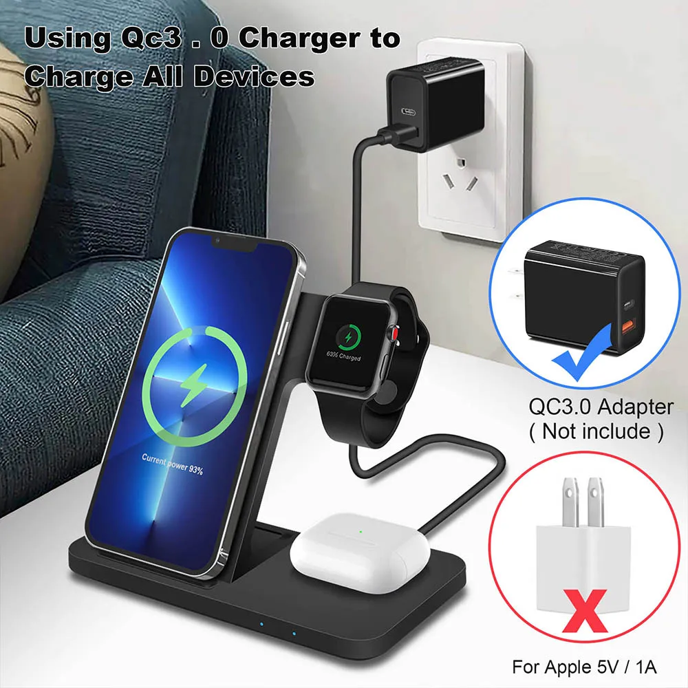 15W 3 in 1 Wireless Charger Stand for iPhone 15 14 13 12 11 XS XR Fast Charging Dock Station For Apple Watch 9 8 SE AirPods Pro