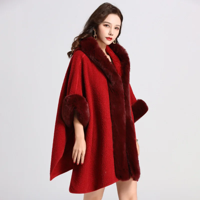 Women Granular Cardigan Long Cloak Loose Coat With Hat Winter Thicken Velvet Big Pendulum Faux Fur Collar Outstreet Poncho Capa