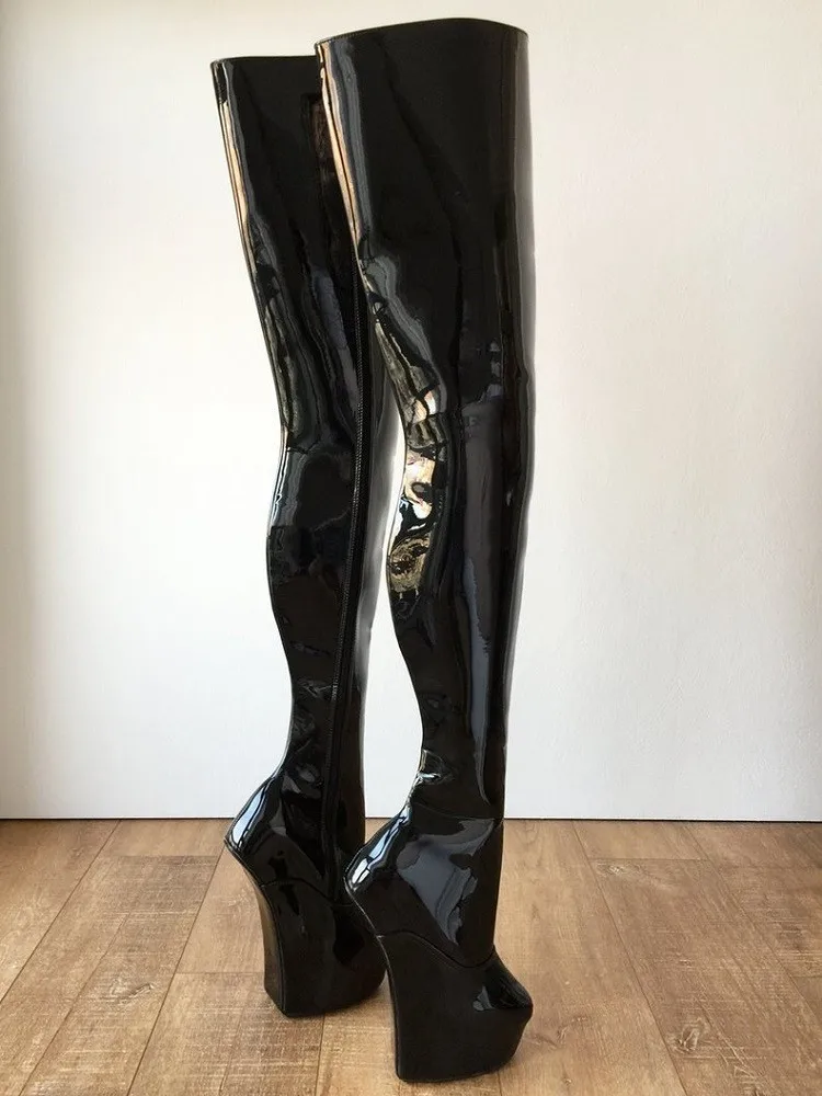 Black Patent Leather Sexy Over-the-knee Boots Hoof Heels High Tube Long Boots Pole Dance Thigh High Boot Women Shoes Botas Mujer