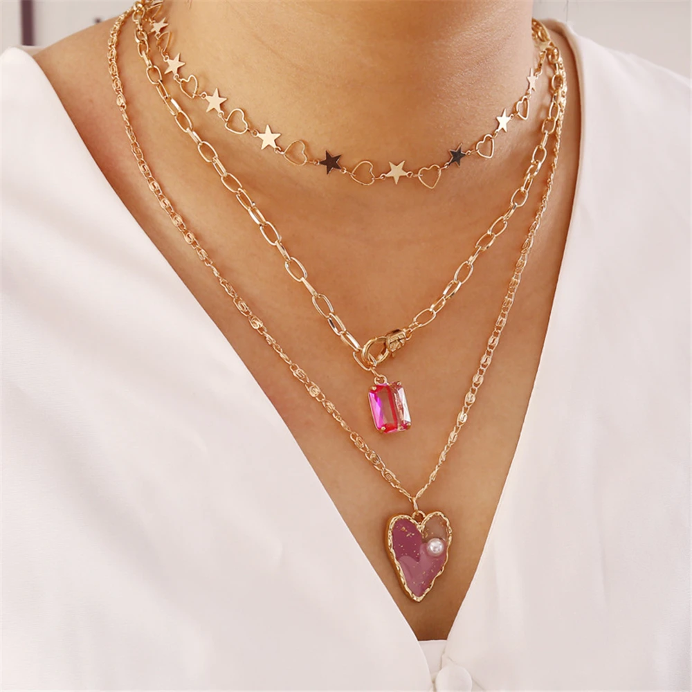 Fashion Multilevel NewHeart-shaped Rectangular Pendant Five-pointed Star Necklaces For Women Female 2021Cute Necklace Jewelry