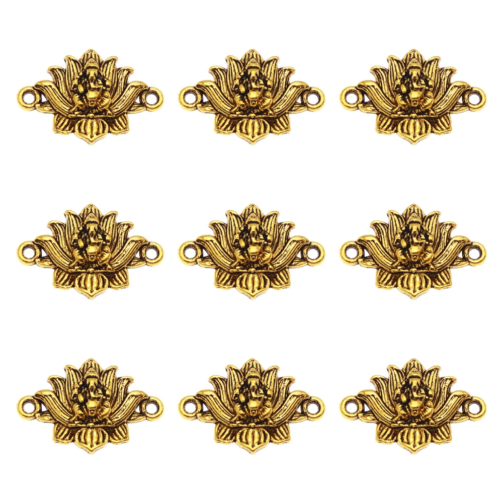 Julie Wang 10 PCS Retro Gold Color Alloy Lotus Charms Ganesh Buddha Pendant Connector For Bracelet Earrings Dangle Jewelry DIY