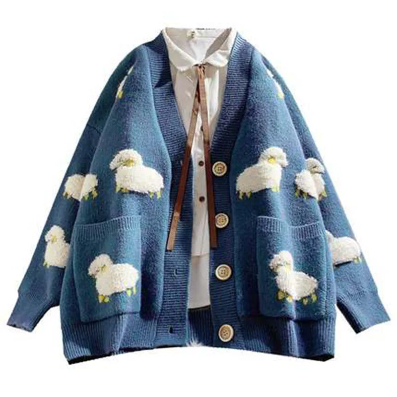 Cute Sheep Women Knitted Cardigan Batwing Sleeve Loose Casual Sweater Girls Pockets V Neck Spring Fall Outwear Top Cloth