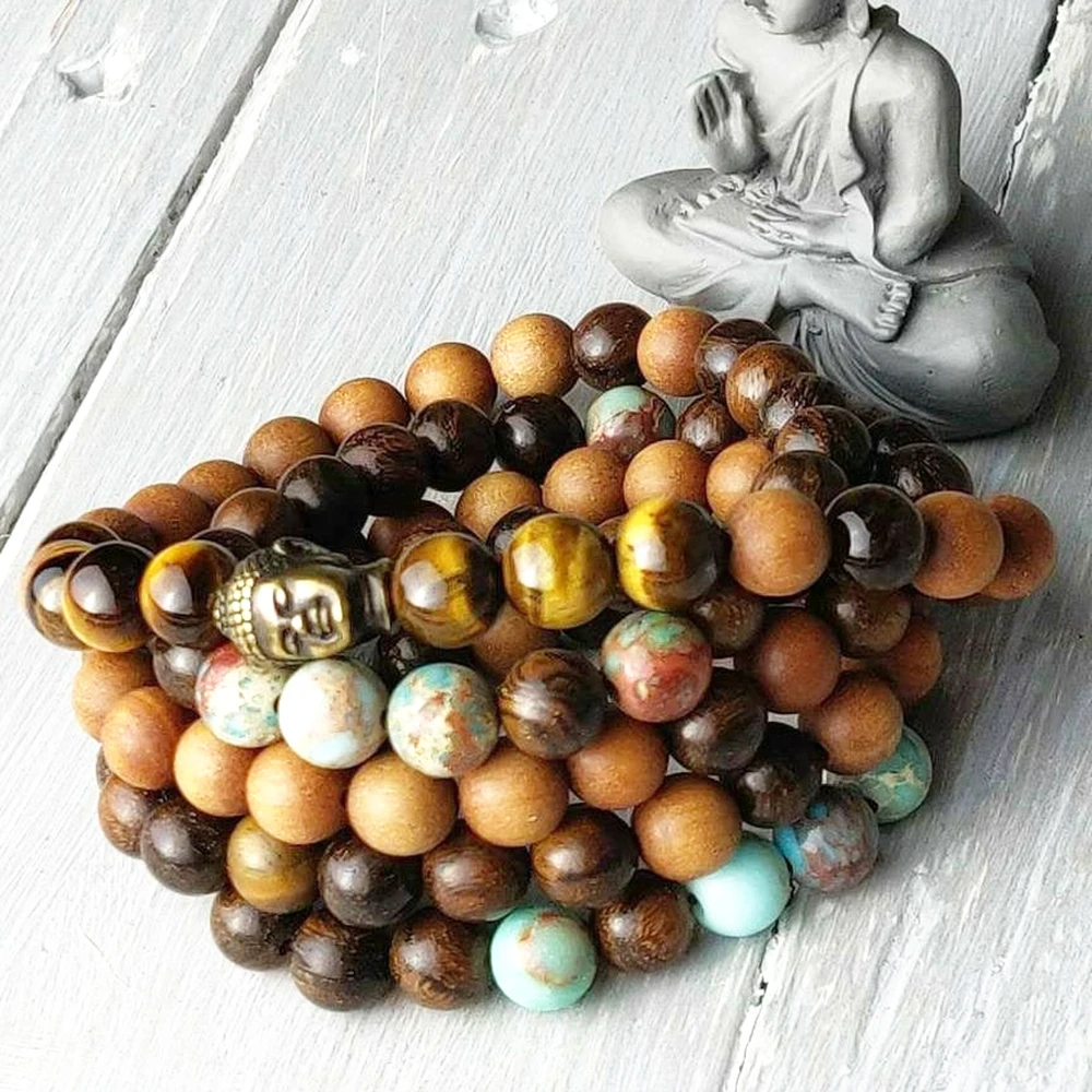 MG0831 New Design Sandwood Buddha Head 108 Mala Yoga Bracelet 8 MM Tiger Eye Imperial Turquoise Mala Bracelet