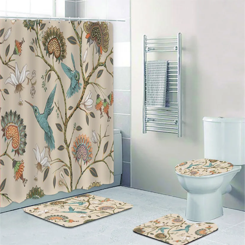 Stylish Beige Blossom Garden with Hummingbirds Plants Bathroom Shower Curtain Set Floral Vintage Flower Bird Art Rugs Home Decor