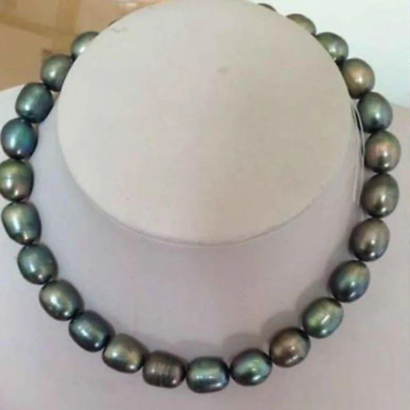 

stunning 9-10mm tahitian black green baroque pearl necklace 18inch gold