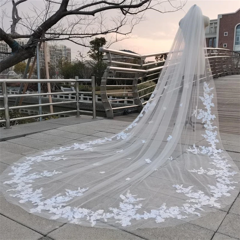 Real Photos Bridal Veil with Comb Cathedral Long Wedding Accessories White Ivory Lace Tulle Veils for Brides Velos de Novia 3 5m