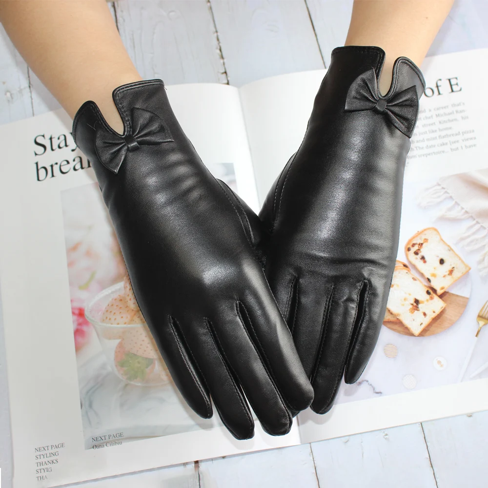 New Fashion Women Genuine Leather Sheepskin Bow Decoration Velvet Lining Keep Warm In Winter Black Gloves