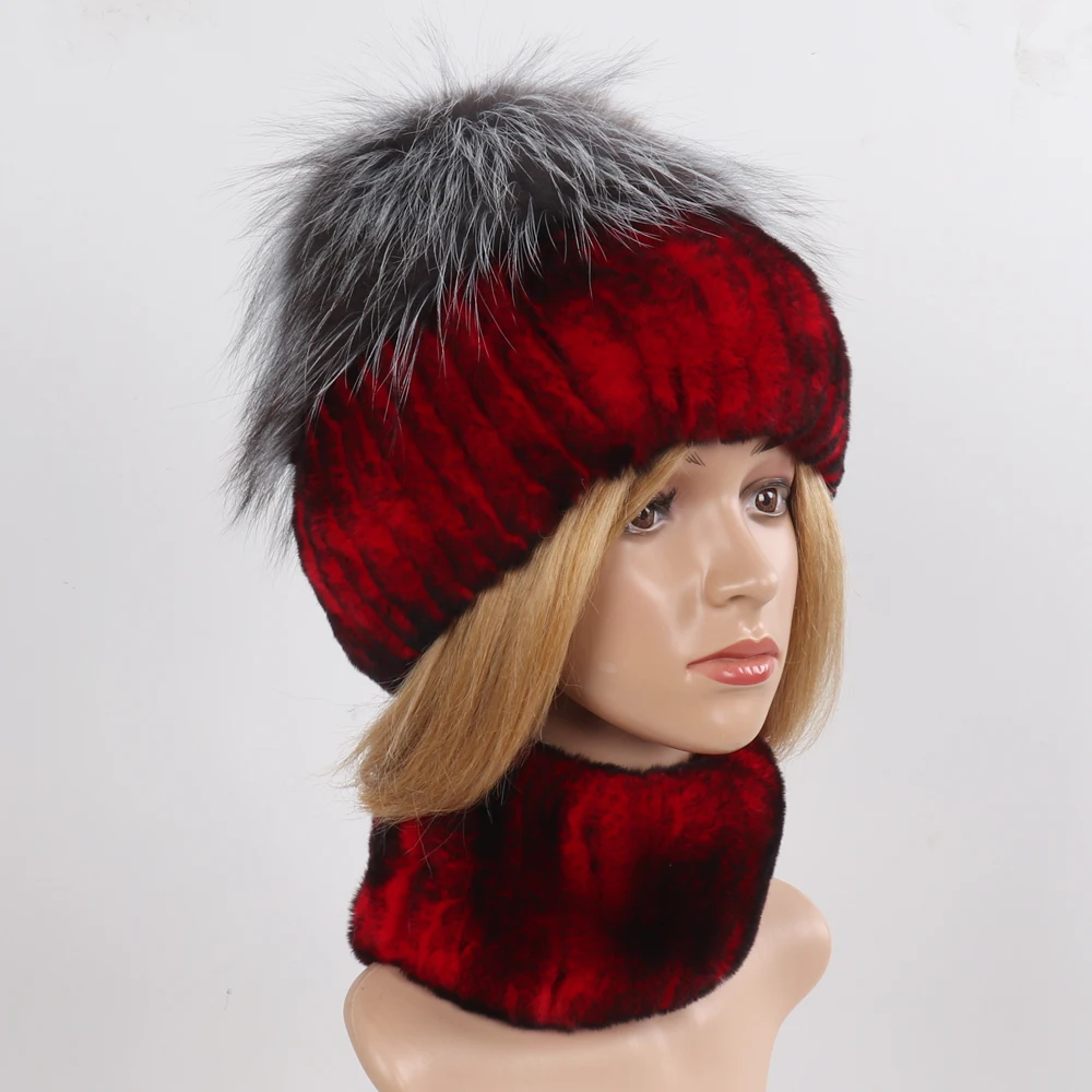 Women's Winter Warm Genuine Fur Hat Scarf Set Real Rex Rabbit Fur Cap with Silver Fox Scarves 2-Piece Natural Fashion Accessory