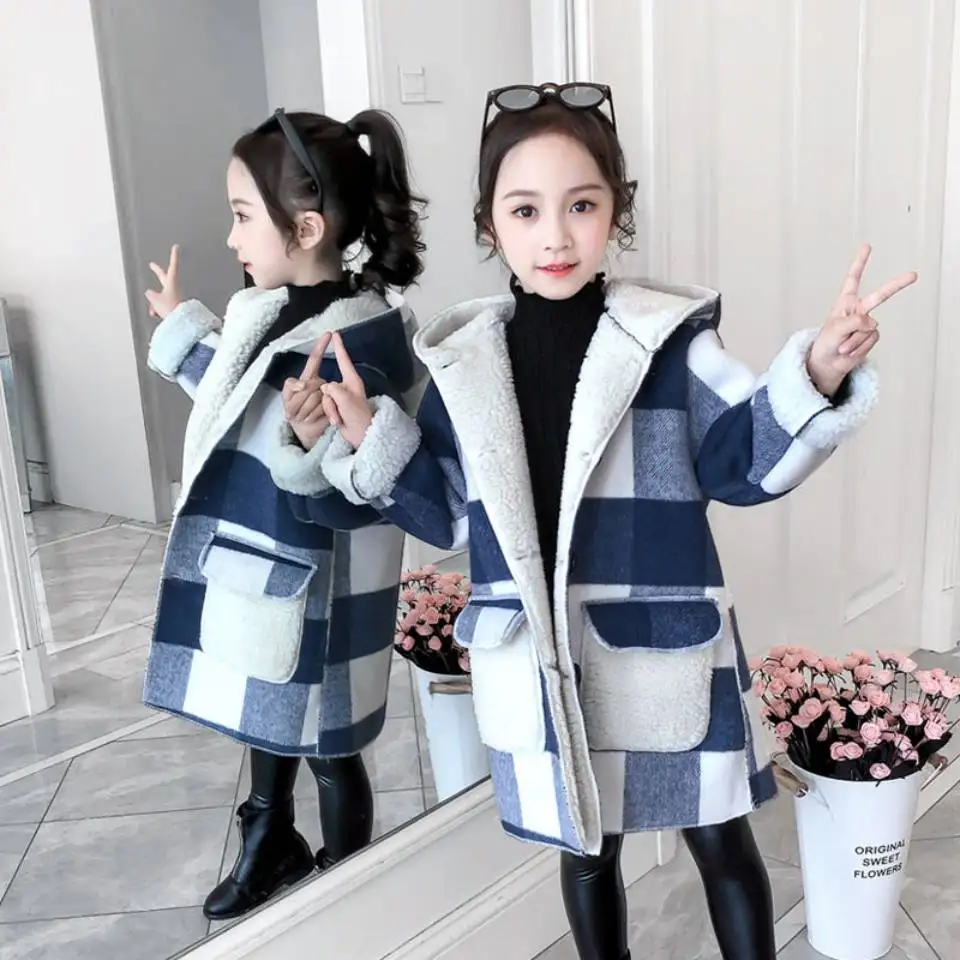 2024 Autumn winter Girls Casual Jackets Hooded Outerwear Fashion Woolen Long Coat Children Clothing Cute Baby Girls 8 10 12 year