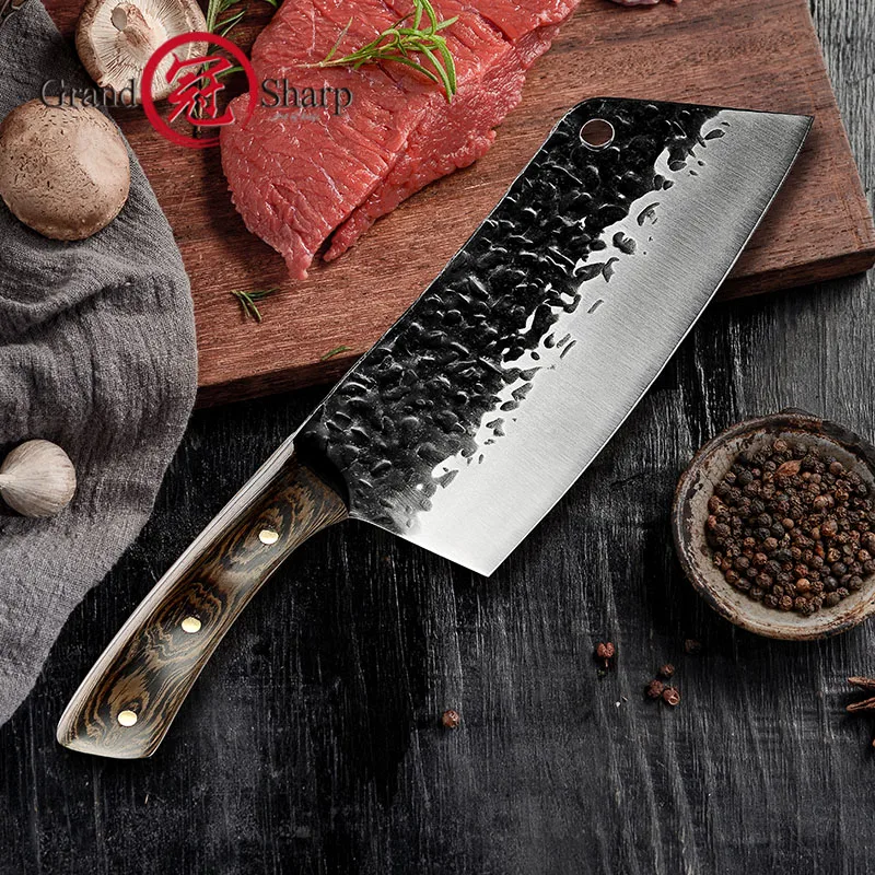 

7'' Chinese Chef Knife High-carbon 5Cr15Mov Steel Cleaver Beef Vegetables Chef Butcher Kitchen Knives Meat Chopping Grandsharp