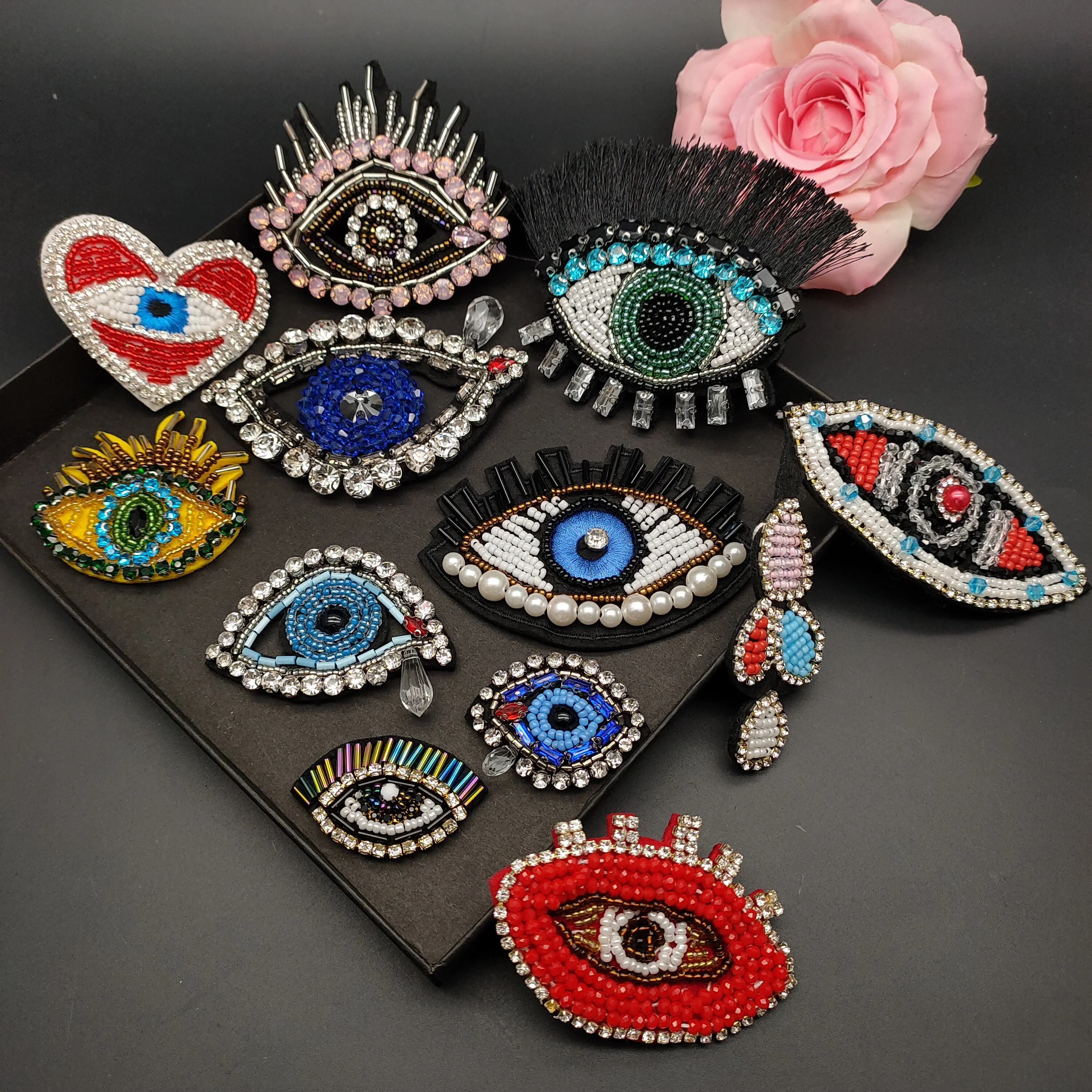 3D Handmade Rhinestone Beaded Patches Eyes Sew on Crystal Patch beading Applique Patch